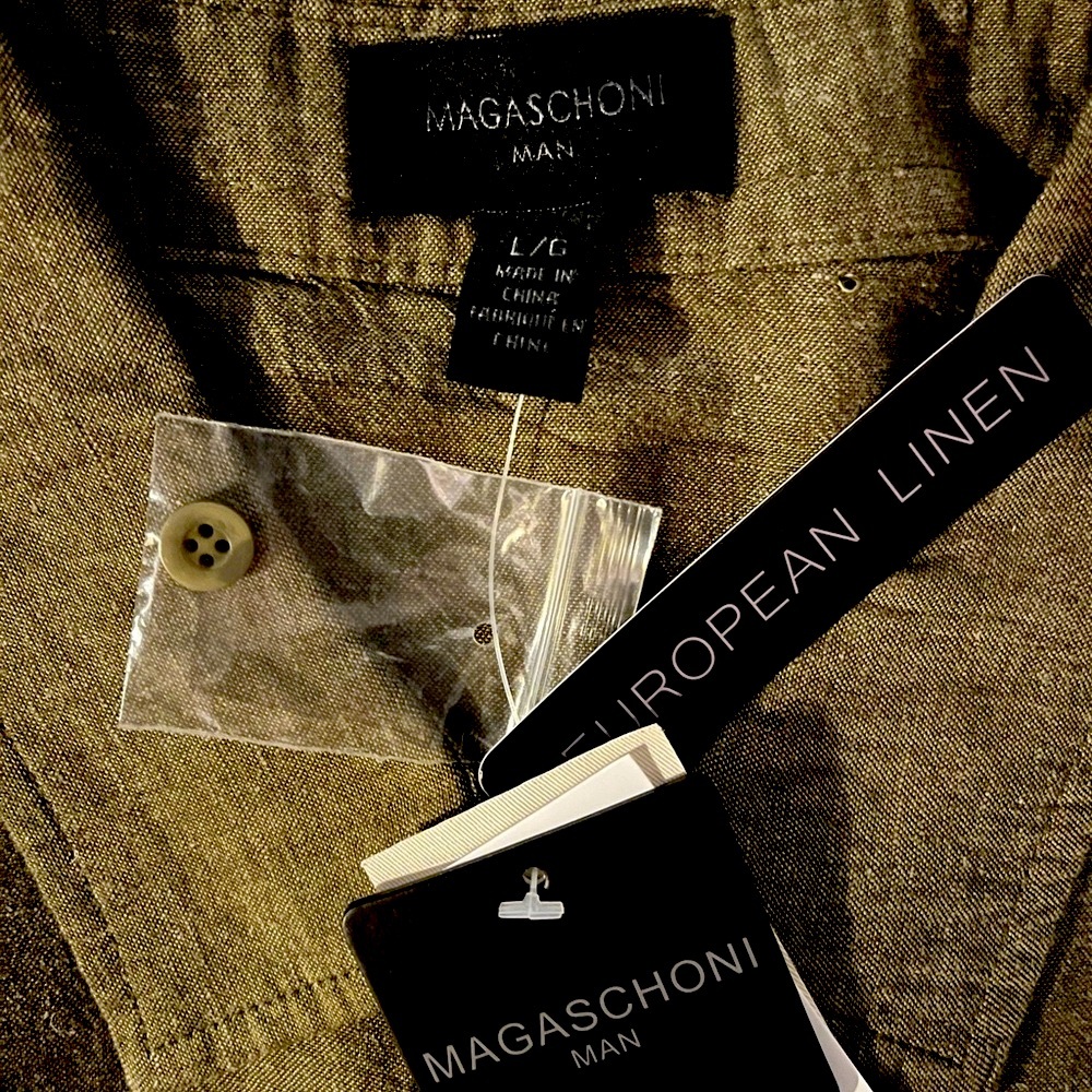Magaschoni Men's European Linen Blend Shirt Cool khaki color. Great summer shirt